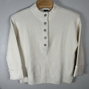 Talbots Sweater Womens Size 2X Ivory 1/2 Button Rhinestone Winter Holiday Ribbed